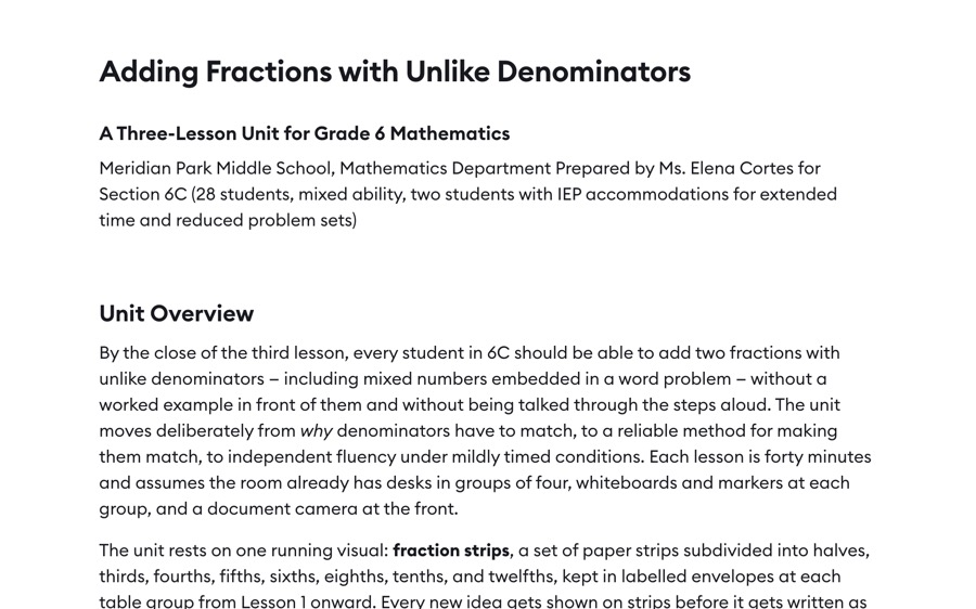 Three-lesson unit plan on adding fractions