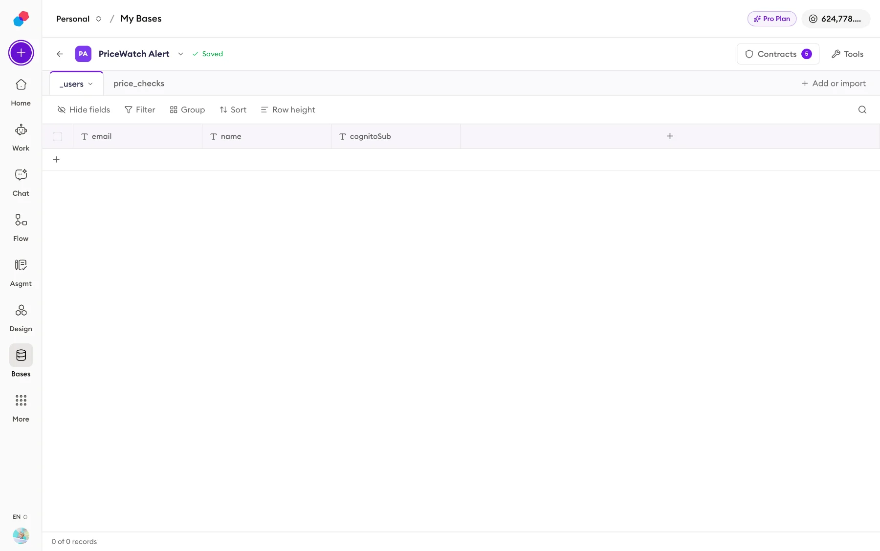 A base open: its tables as tabs, and the toolbar for hiding fields, filtering, grouping, sorting and row height, with Contracts and Tools in the corner
