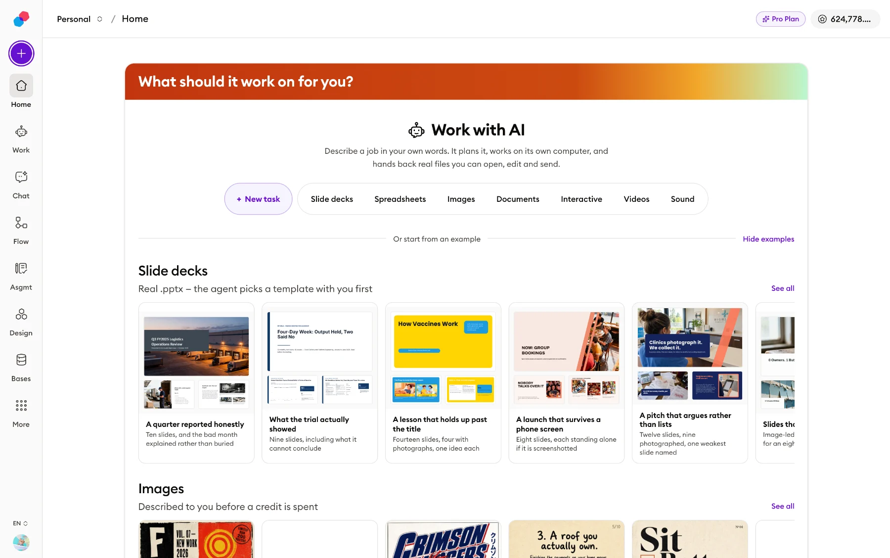 The dashboard home, where Work with AI is the first thing offered