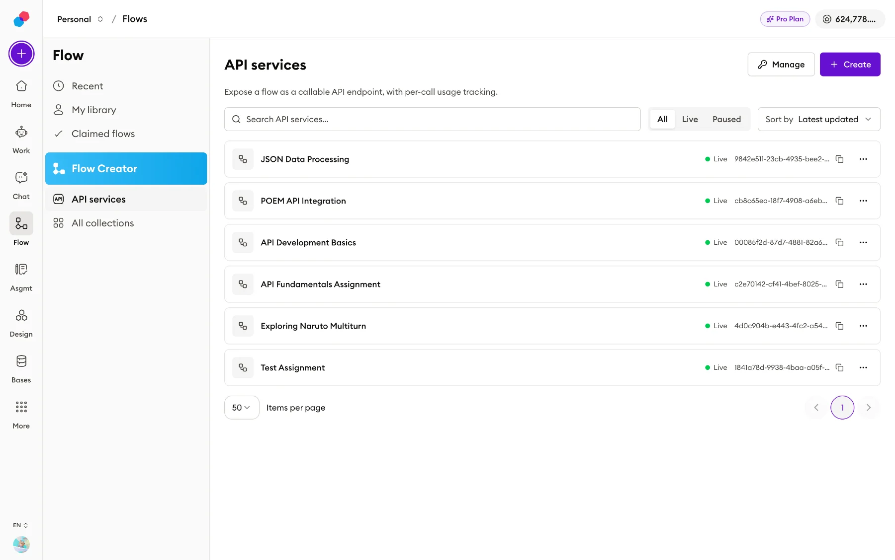 The API services screen, where an outside web service is registered so a flow can call it