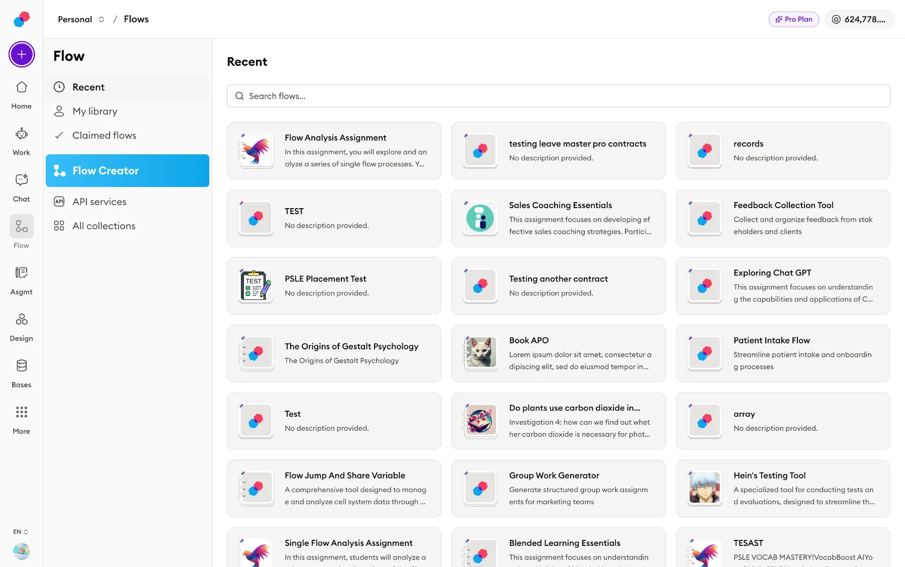 The flow library: saved flows with names and descriptions, and a left nav holding Recent, My library, Claimed flows, Flow Creator, API services, All collections