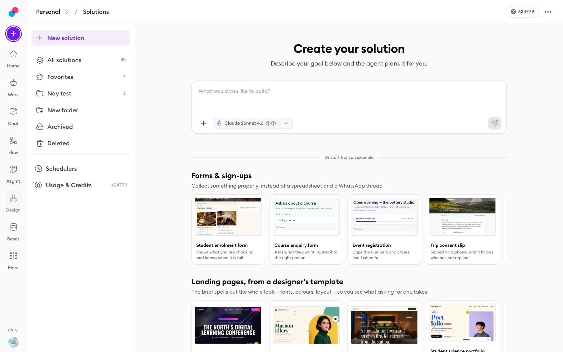 The start screen: describe the goal and the agent plans it, with template groups for forms, sign-ups and landing pages, and a left nav holding solutions, folders, Schedulers and usage