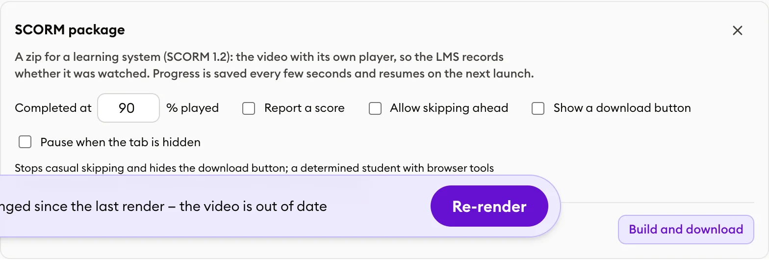 The SCORM package panel and its five settings