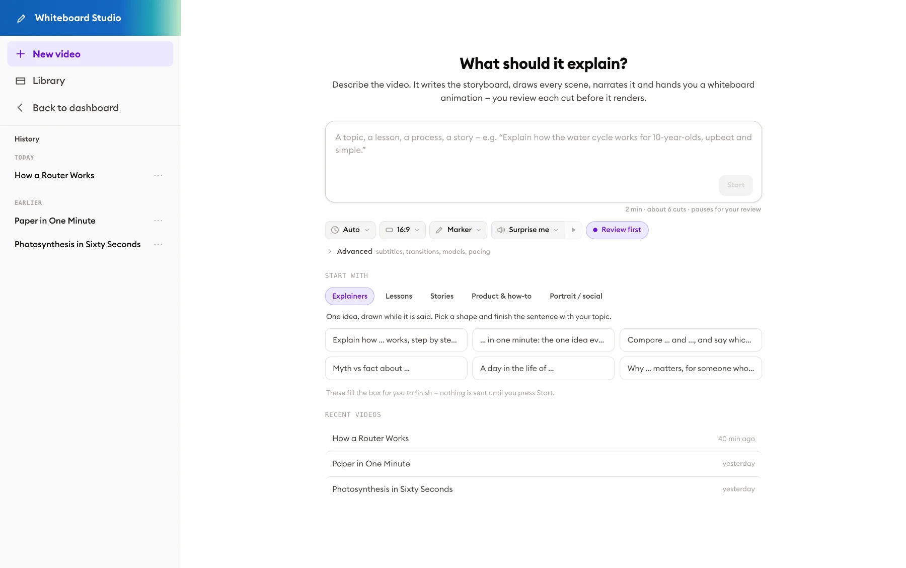 The start screen: a box for the topic, with shape, length, look and voice controls, and prompt starters grouped by kind