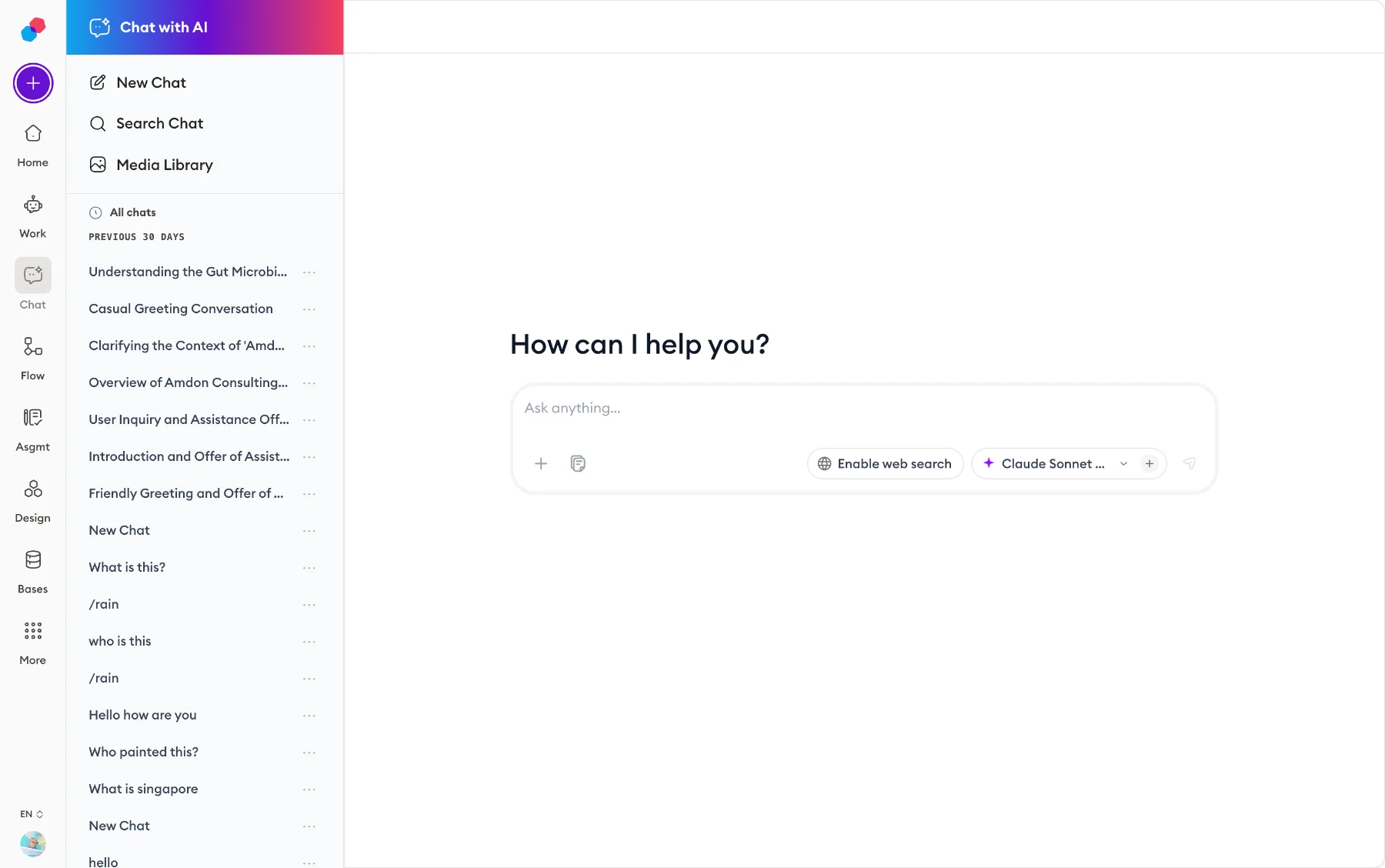 The chat screen, with a web-search toggle and a model picker