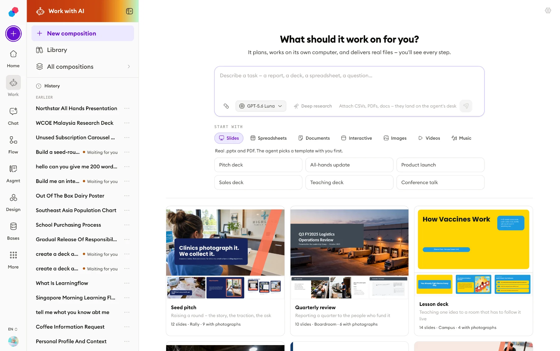The start screen: a box to describe the job, and the kinds of thing it returns — slides, spreadsheets, documents, interactive pages, images, videos, music — with real finished examples underneath